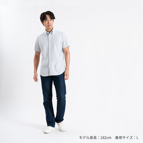 【日本製】 ワイシャツ メンズ 半袖 ビジネス 形態安定 速乾 ノーアイロン ストライプシャツ ボタンダウン ネイビー(SHKN24-063-na)